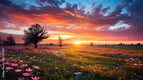 Colorful Spring Sunrise on meadow