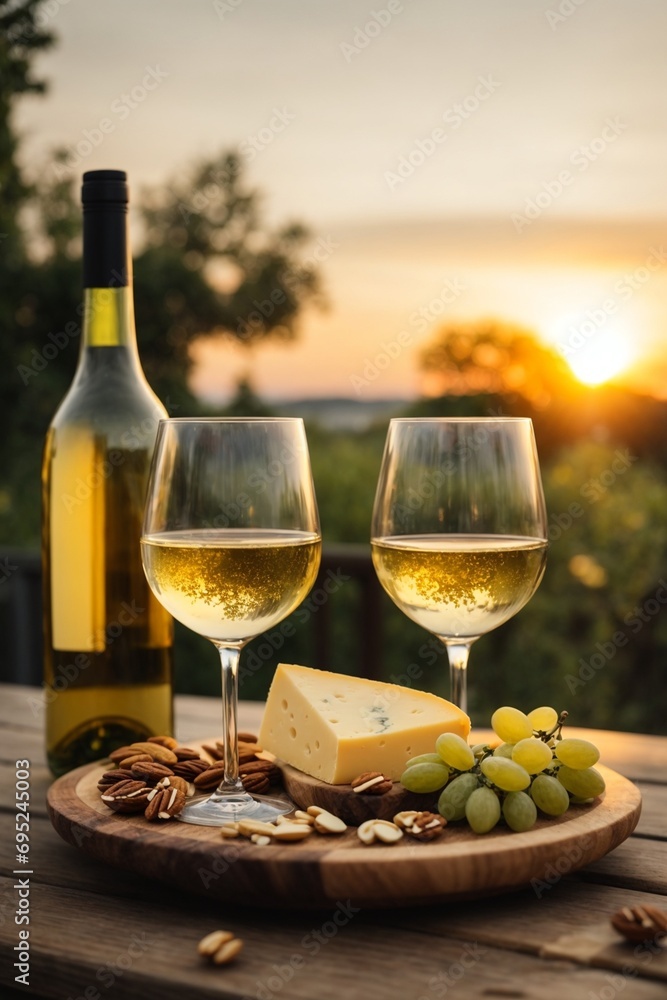 Two glasses of white wine, cheese and nuts on a wooden board against the backdrop of the setting sun.