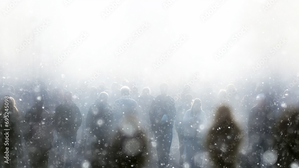snowfall, crowd of people view from the back. abstract silhouettes winter blurred background copy space