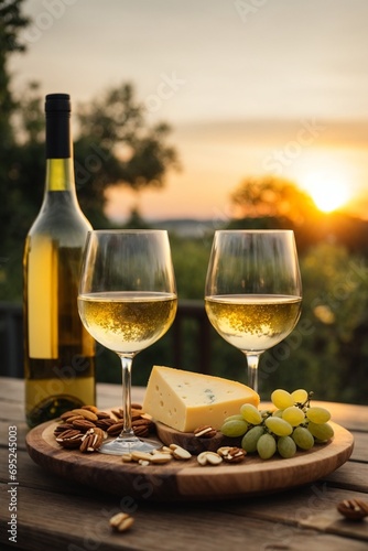 Two glasses of white wine  cheese and nuts on a wooden board against the backdrop of the setting sun.