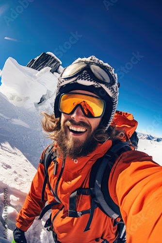 A man wearing an orange jacket and goggles is taking a selfie. This image can be used to depict modern technology and social media