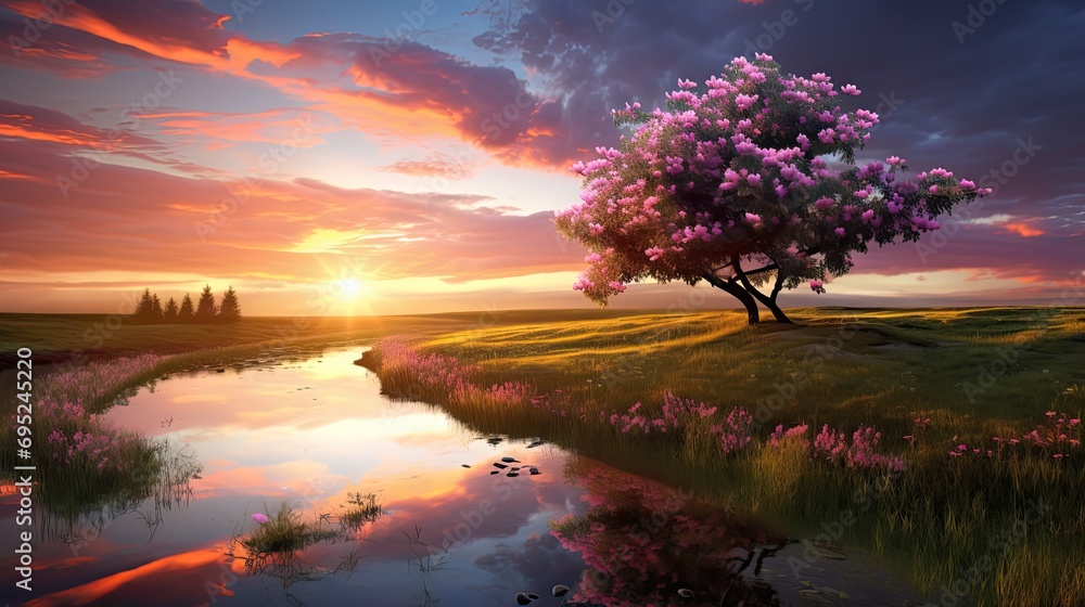 Colorful Spring Sunrise on meadow