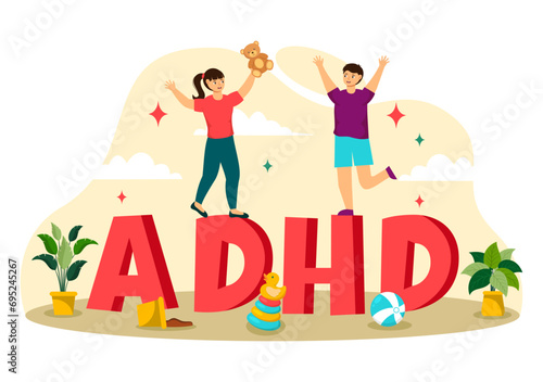 ADHD or Attention Deficit Hyperactivity Disorder Vector Illustration with Kids Impulsive and Hyperactive Behavior in Mental health and Psychology
