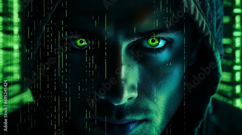 Mysterious face of anonymous hacker with glowing green eyes veiled in mesmerizing array of luminous green program code  delve into digital realm  shadowy figure in cyberspace  close up view