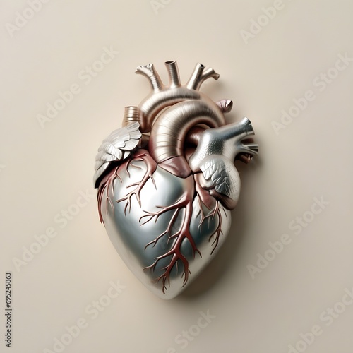 Metallic pastel coloured  human heart lying flat on a light background
