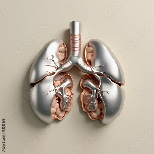 Metallic pastel coloured human kidneys lying flat on a light background