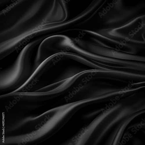 Closeup of rippled black silk fabric texture background. 3d render illustration