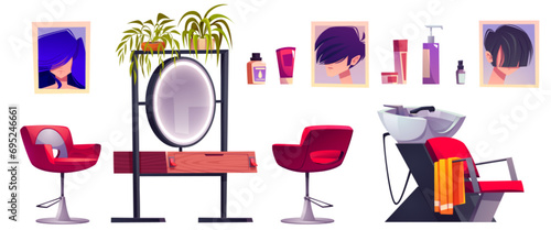 Beauty salon interior equipment and cosmetics. Cartoon vector illustration set of hairdresser shop and studio room furniture - armchair and mirror with table and drawer, sink to wash hair, wall poster