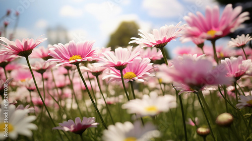 Daisy Delight: A Meadow Blooming with White and Pink Spring Flowers