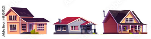 Suburban and countryside house with windows and doors, roof and patio. Cartoon vector illustration set of residential building exterior. Front view on modern country cottage or villa for family.