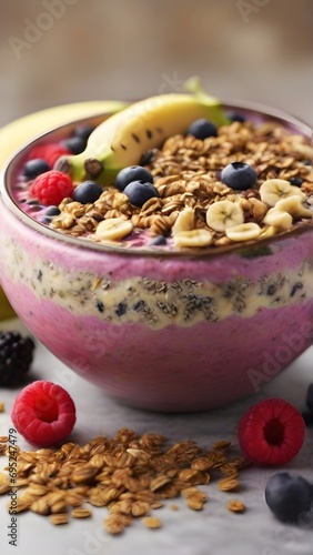 Smoothie Bowl: Blend your favorite fruits, vegetables, and yogurt into a smoothie, then top it with granola, chia seeds, and sliced bananas, background image, generative AI