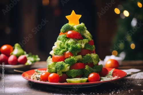 Salad in the shape of a Christmas tree. New Year s Eve 2024. Christmas menu. On a black background