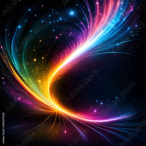 colorful abstract neon lines on a black background. Background with moving light lines and sparkling light
