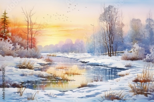 A beautiful watercolor painting capturing the serene beauty of a winter scene. This painting can be used to add a touch of winter charm to any project or design