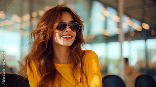 The girl is happy to try on new sunglasses