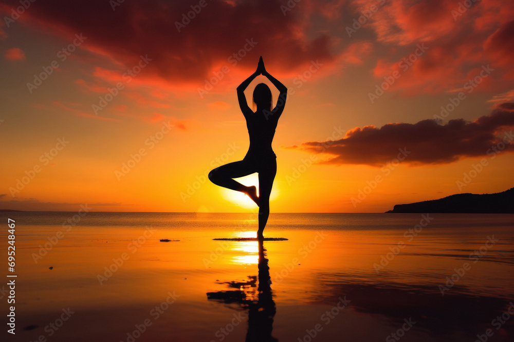 Young woman silhouette while doing yoga on the beach