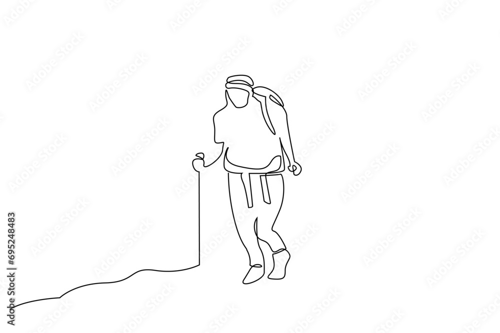 woman person backpack season nature hiking trekking activity one line art design woman person backpack season nature hiking trekking activity one line art design