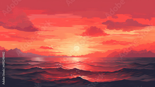 Beautiful orange and pink magenta sunset in the sea. Summer beautiful panoramic landscape background. 