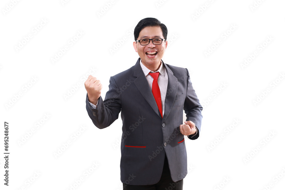 Excited asian businessman standing with fist hands. Isolated on white Excited asian businessman standing with fist hands. Isolated on white