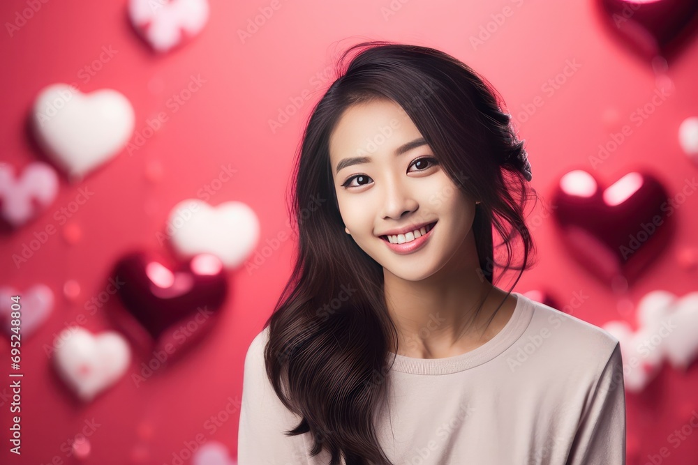 Close-up portrait of cute asian girl isolated over pink background with paper red white hearts. Valentines day or wedding background. Hearts symbol of love, romantic holiday concept. Selective focus Close-up portrait of cute asian girl isolated over pink background with paper red white hearts. Valentines day or wedding background. Hearts symbol of love, romantic holiday concept. Selective focus