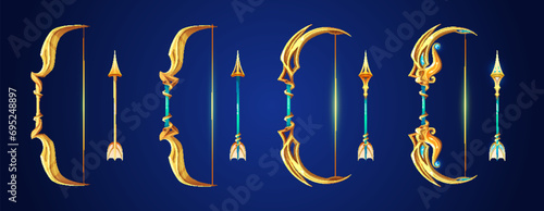 Golden bows and arrows set isolated on background. Vector cartoon illustration of magic weapons with shiny bowstring and handle decorated with blue gemstones, medieval game rank assets, hunting tool