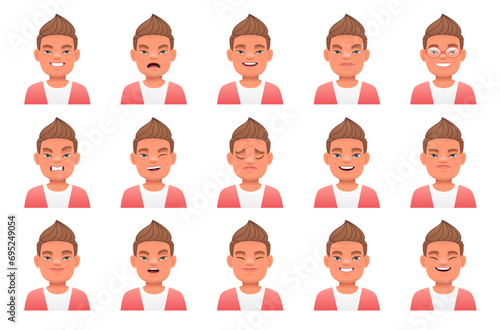 Collection of different emotions of a cute boy with the genetic disease Down Syndrome. Expression on the face of a sunny child.
