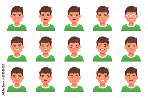 Set of different emotions of a beautiful boy with the genetic disease Down Syndrome. Expression on the face