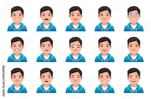Collection of emotions of a white boy with the genetic disease Down Syndrome. Expression on the face of a sunny child.