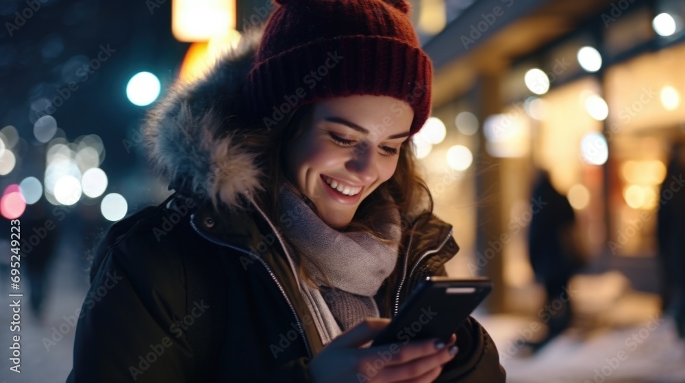 A woman is pictured smiling as she looks at her cell phone. This image can be used to depict happiness, communication, technology, or social media A woman is pictured smiling as she looks at her cell phone. This image can be used to depict happiness, communication, technology, or social media