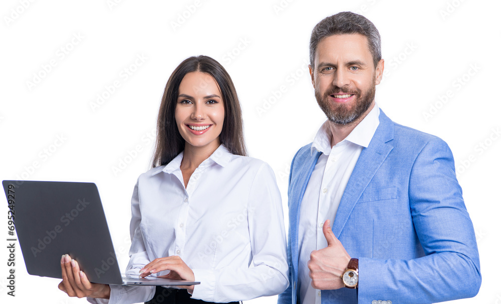 businesspeople isolated on white. freelancer working online. boss and employee has online. businesspeople in formalwear with laptop in office. Remote online working. Business success. thumb up businesspeople isolated on white. freelancer working online. boss and employee has online. businesspeople in formalwear with laptop in office. Remote online working. Business success. thumb up