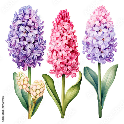 watercolor drawing of hyacinth flowers. set of pink and purple spring hyacinth flowers, clipart	 photo
