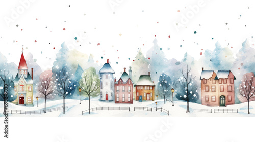 watercolor winter cute town landscape isolated on a transparent background.
