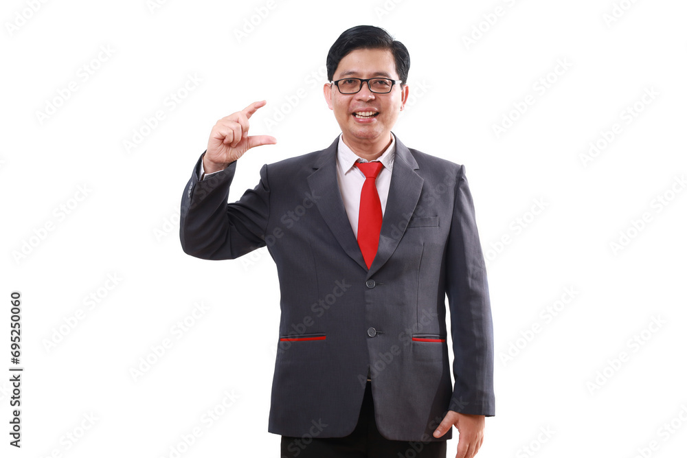 Happy asian businessman standing while holding nothing. Mock up Isolated on white Happy asian businessman standing while holding nothing. Mock up Isolated on white