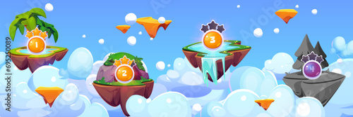 Arcade game levels map with floating islands on sky background. Vector cartoon illustration of flying land with palm tree, cave, river and waterfall, fir tree forest landscape, score stars, ui design