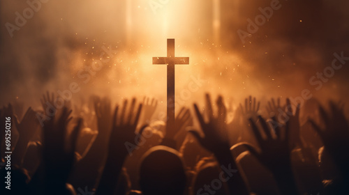 Fényképezés Christian worship God together hold hands and hugs warmth in Church, jesus cross symbol on colorful clouds background
