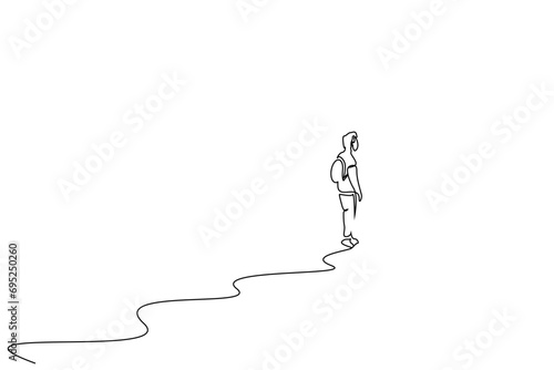 male person nature backpack nature walking back behind rear view full body one line art design