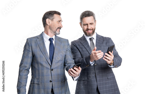 businesmen business men texting in online blog blogging use phone for communication isolated on white photo