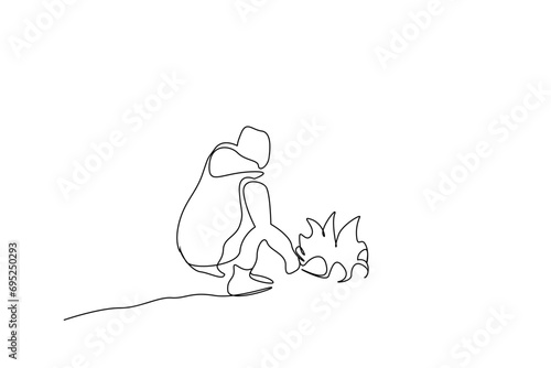 person human camping tent activity meal cook campfire objects lifestyle one line art design