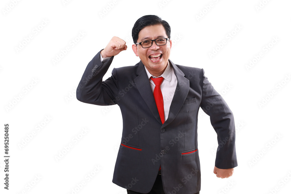 Excited asian businessman celebrating his success with clenched hand. Isolated on white Excited asian businessman celebrating his success with clenched hand. Isolated on white