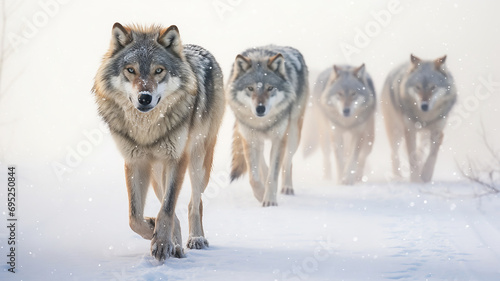 a group of wild wolves in the winter forest, wildlife © kichigin19