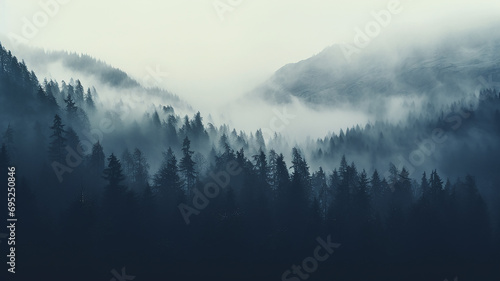 landscape, quiet misty valley in the mountains, forest panorama aero view © kichigin19