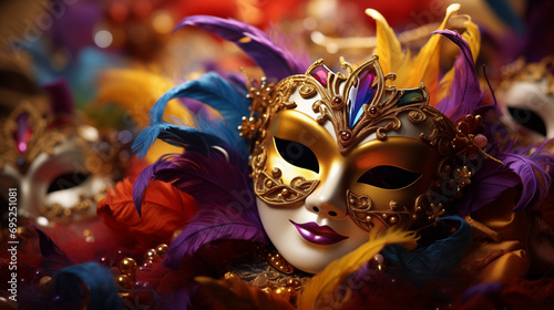 Venetian carnival mask and beads decoration. Mardi gras background. Holidays image of mardi gras masquarade, Generative AI