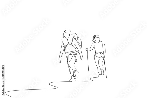 two female friends holiday winter season climbing hiking life one line art design