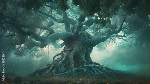 	
old magic tree with big branches and leaves. Created with generative AI.	
