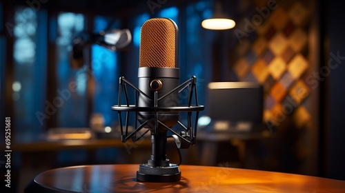 A podcast mic in a studio