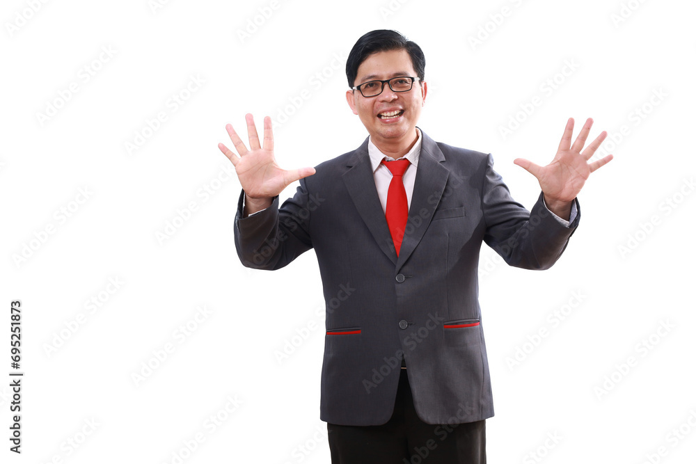Happy asian businessman standing while showing ten fingers. Isolated on white background Happy asian businessman standing while showing ten fingers. Isolated on white background