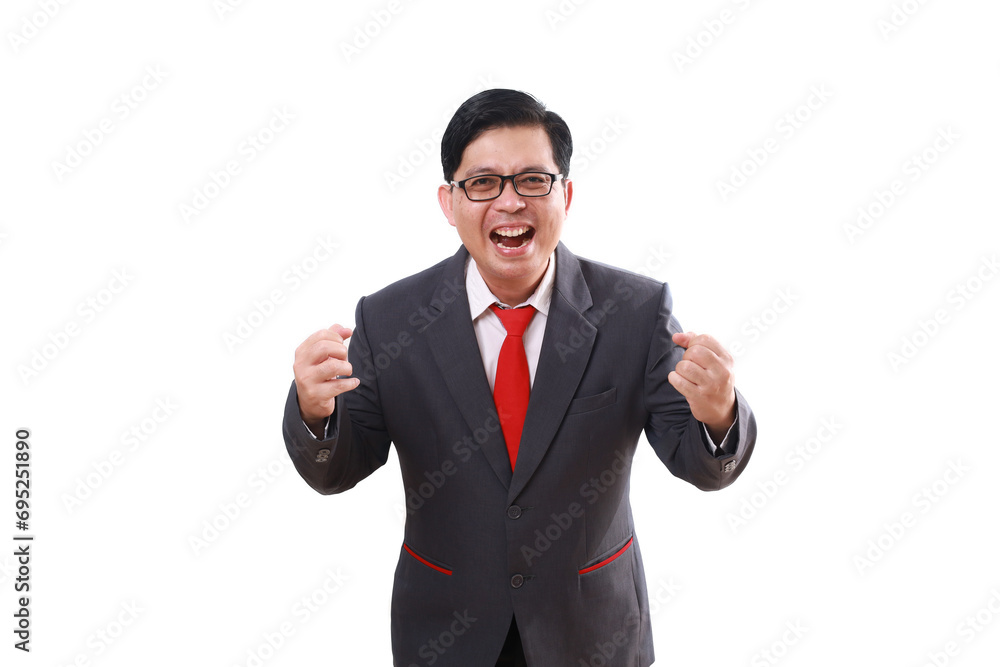 Happy successful asian businessman shouting with fist hands. Isolated on white background Happy successful asian businessman shouting with fist hands. Isolated on white background