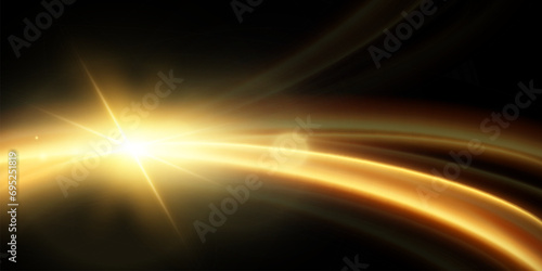 Light effect of shiny gold lines.Gold color glowing design element.Wavy bright stripes.