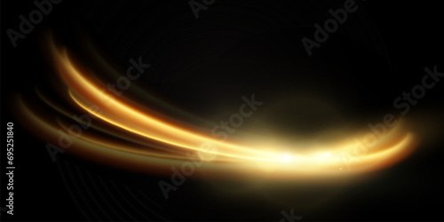 Light effect of shiny gold lines.Gold color glowing design element.Wavy bright stripes.