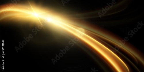 Light effect of shiny gold lines.Gold color glowing design element.Wavy bright stripes.